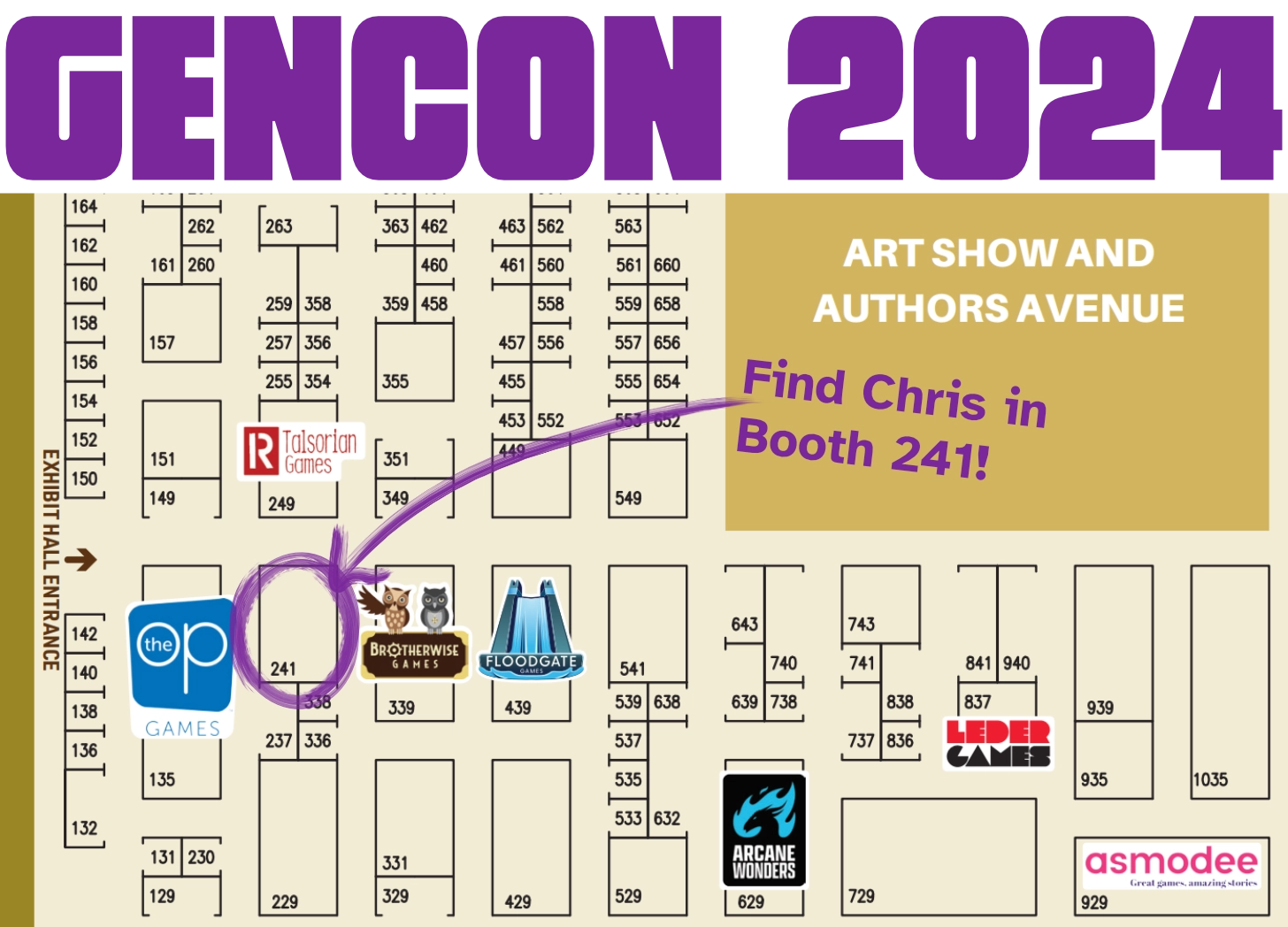 A map of the GenCon floor set-up. An arrow points to Booth 241