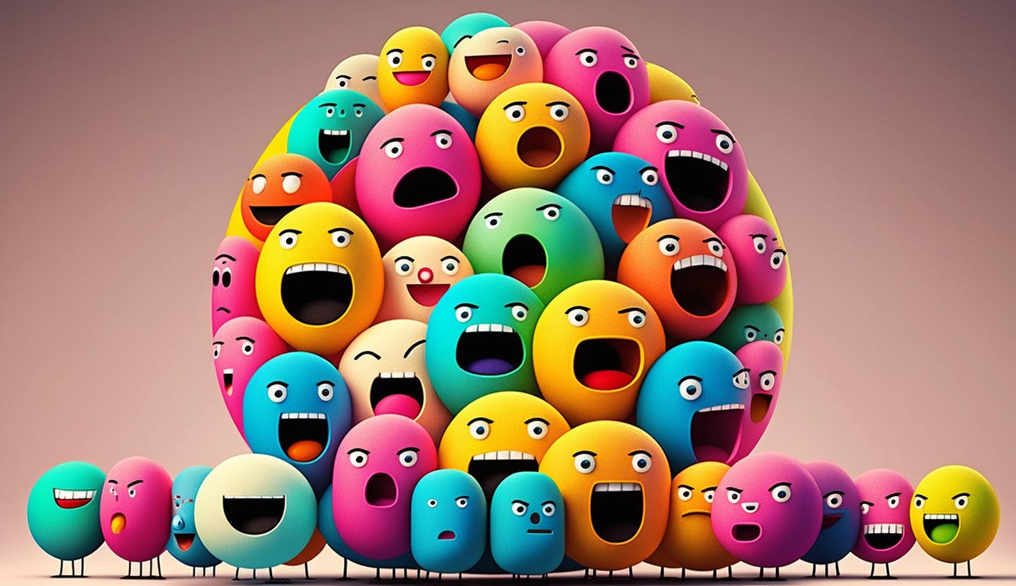 Multicolored bubbles with faces on displaying many different emotions