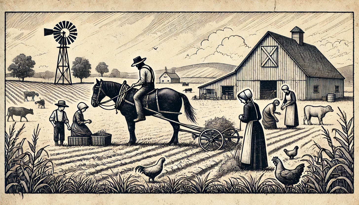 A rustic, black and white drawing of an Amish family working on a farm, in a 16:9 aspect ratio. The illustration features a man guiding a horse-drawn plow, a woman gathering crops or feeding animals, and a child helping or playing nearby. The style is simple, with basic line work and no shading, resembling a hand-sketched look. The background includes a minimalist farm scene with a barn, a field, and some chickens or a cow, all lightly detailed to convey rural simplicity. The drawing is on slightly textured, off-white paper, adding a sense of authenticity and nostalgia.