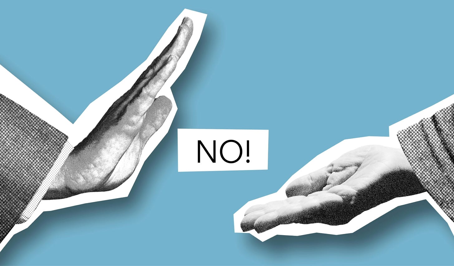 Two cutout images of hands (in black and white) facing each other around the word “no” on a blue background.