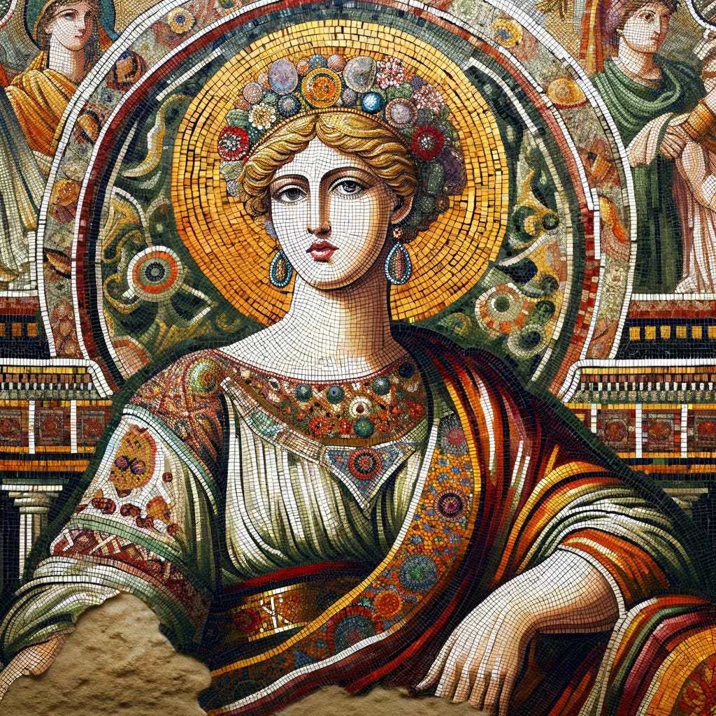 A mosaic-style image depicting an ancient Salome-like seductress figure. The scene should capture the essence of ancient artistry, with detailed mosaic tiles forming the image of a captivating and alluring woman reminiscent of Salome. She should be adorned in period-appropriate attire, with intricate patterns and vibrant colors. Her expression should be mysterious and enchanting, and the background should be composed of traditional mosaic designs, reflecting the art and culture of ancient times.