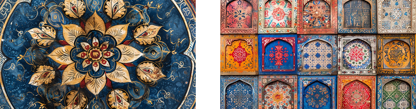 Two images showcasing intricate Islamic art: the left image features a circular, blue and gold floral pattern with delicate details, while the right image displays a collection of colorful, ornate wall panels, each adorned with unique geometric and floral designs.