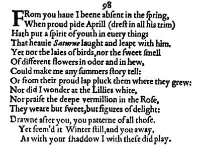 Printed text of Sonnet 98 from the first edition