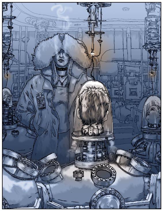 Drawing of a below-zero laboratory in which several human heads, detached from bodies, can be seen under glass domes attached to metal contraptions. There are obscure and mysterious machines hanging from the ceiling and in the background. In this cold, sinister-looking, half-lit room we see a lone scientist staring at one of the frozen heads. The scientist, who appears to be a woman with some facial piercings, is wearing a hooded  parka with an enormous faux-fur hood that obscures much of her face. She wears a studded collar around her neck, and there is some kind of ID badge clipped to the front of the coat. 