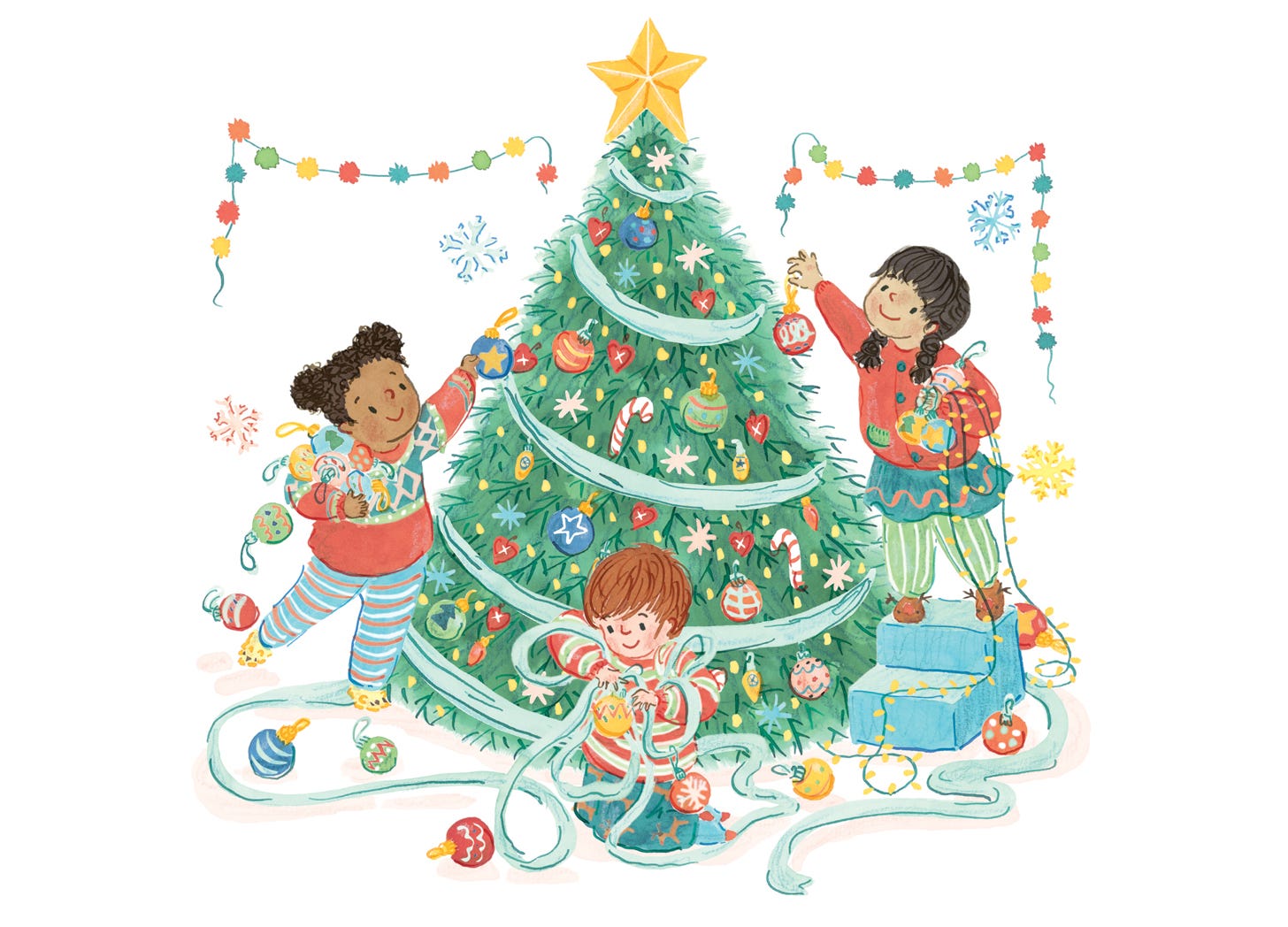 a diverse group of children decorate a tree for Christmas. Watercolour and ink illustration by Nanette Regan