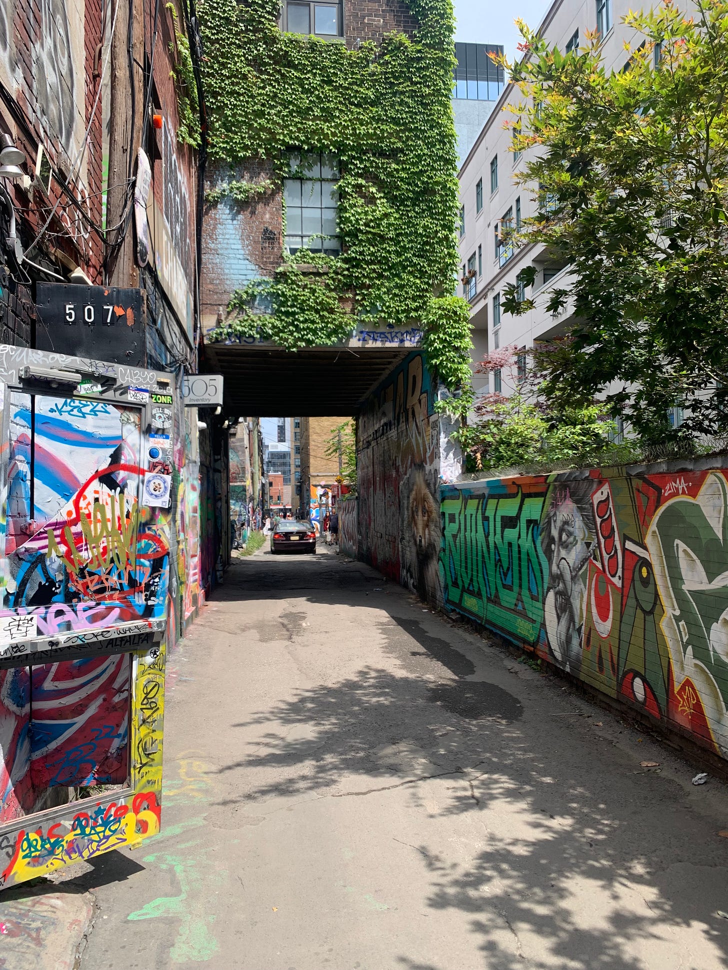 An alley with low walls in vibrant graffiti tags, with some street art images. A building that hangs over the alley is covered in ivy, and creates a tunnel that a car is driving through.