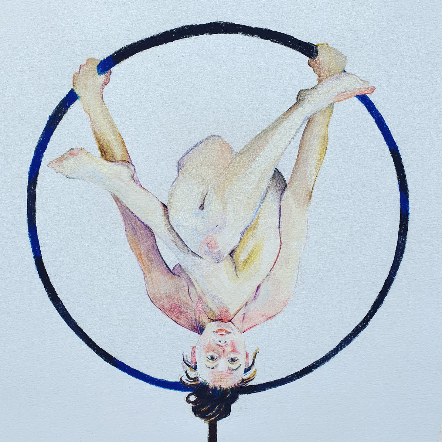 Drawing of athlete and model Freya hanging upside down in a metal hoop