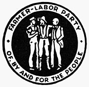 graphic of the farmer labor party showing three men standing, holding onto each other