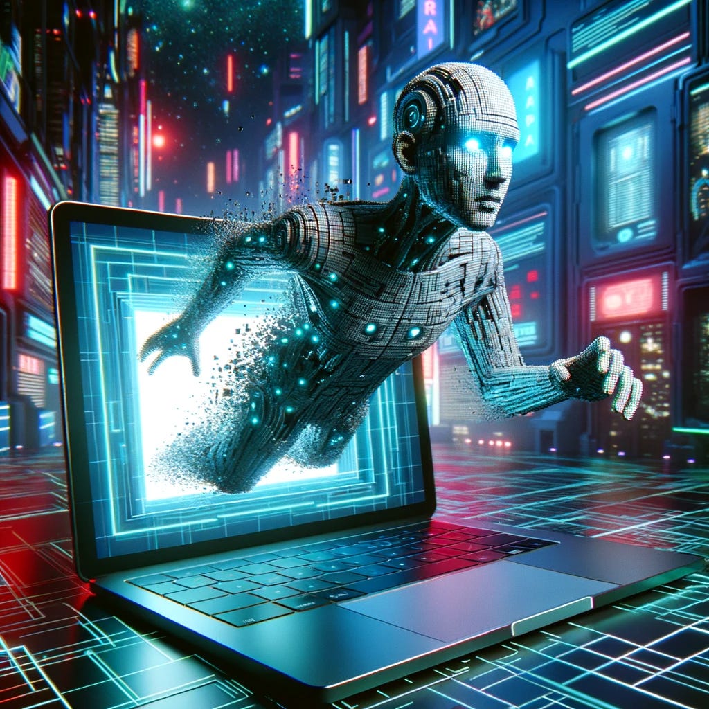 "Sci-fi illustration of a digital AI avatar with pixelated features climbing out of a laptop screen, as if breaking the boundary between the virtual and physical worlds. The background has neon lights and futuristic cityscape visible through a window." / DALL-E
