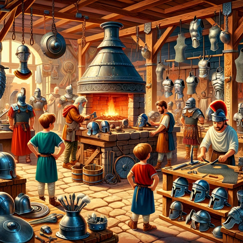 A vibrant and educational scene suitable for elementary school students, depicting a Roman Empire's blacksmith workshop teeming with activity. Artisans, dressed in historical Roman attire, are busily engaged in shaping and assembling pieces of armor, such as helmets and breastplates. The workshop is filled with Roman-era tools and forges, accurately reflecting the period's technology and craftsmanship. Half-completed helmets and breastplates are scattered around, highlighting the process of armor making. Three young adventurers, inspired by Roman explorers, stand in awe amidst the workshop, their curiosity piqued by the bustling environment and the intricate work of the blacksmiths, their earlier quest momentarily forgotten.