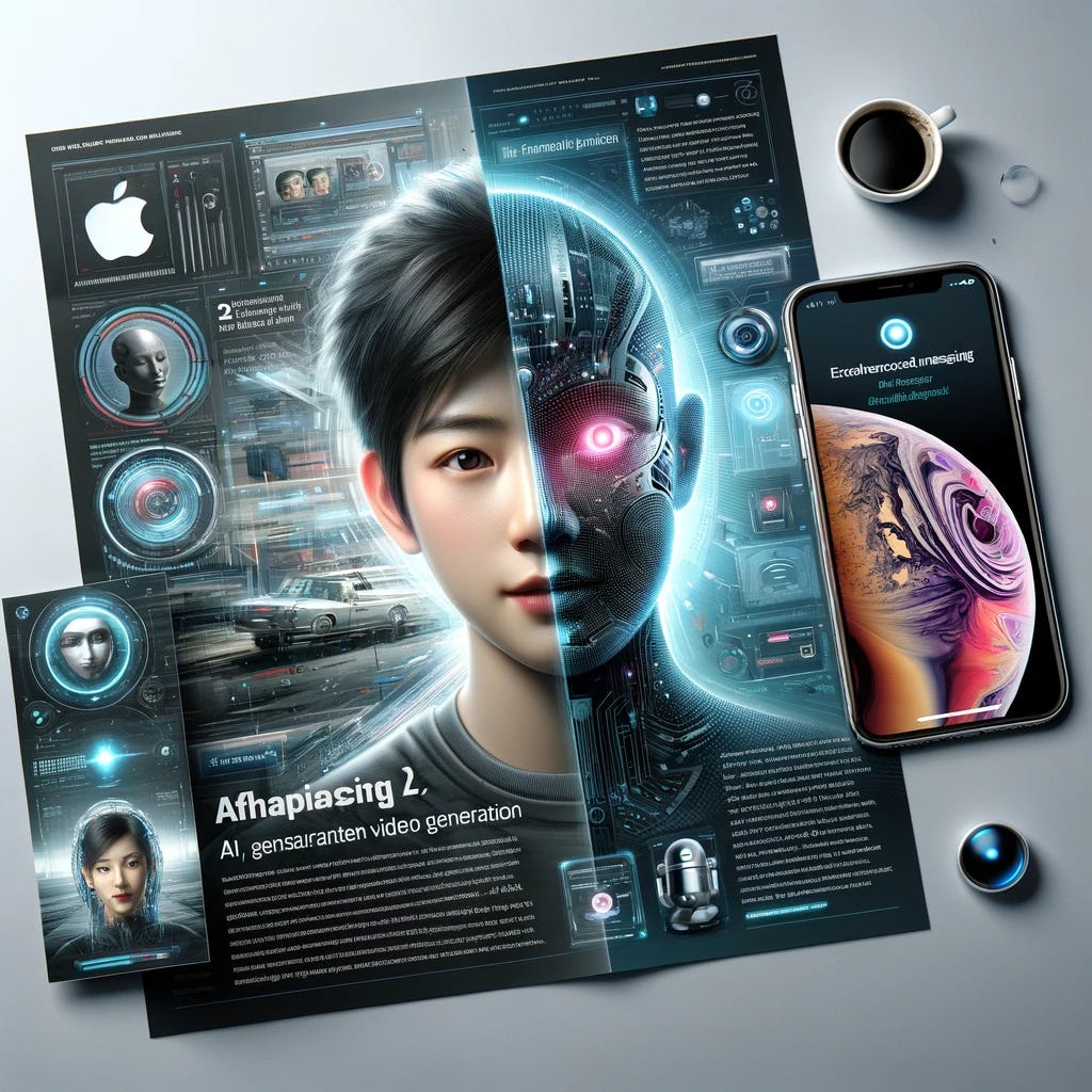 A futuristic digital newsletter cover featuring a split image: on the left, a depiction of a Chinese startup showcasing an advanced AI video technology, with a dynamic display of high-definition video generation, including realistic shadow effects and facial expressions. On the right, an Apple device displaying new AI-driven features, with icons representing enhanced Siri capabilities and AI-generated messaging. The background is sleek and modern, symbolizing cutting-edge technology and innovation. The overall theme merges traditional digital elements with futuristic AI concepts, in a professional and engaging design.