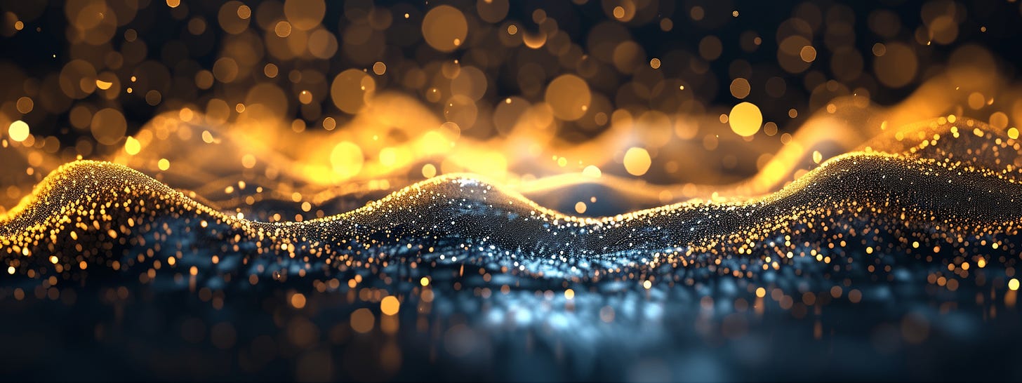 Abstract AI voice dubbing, soundwaves, voice, sound, glitches, dark gold and dark blue, bokeh