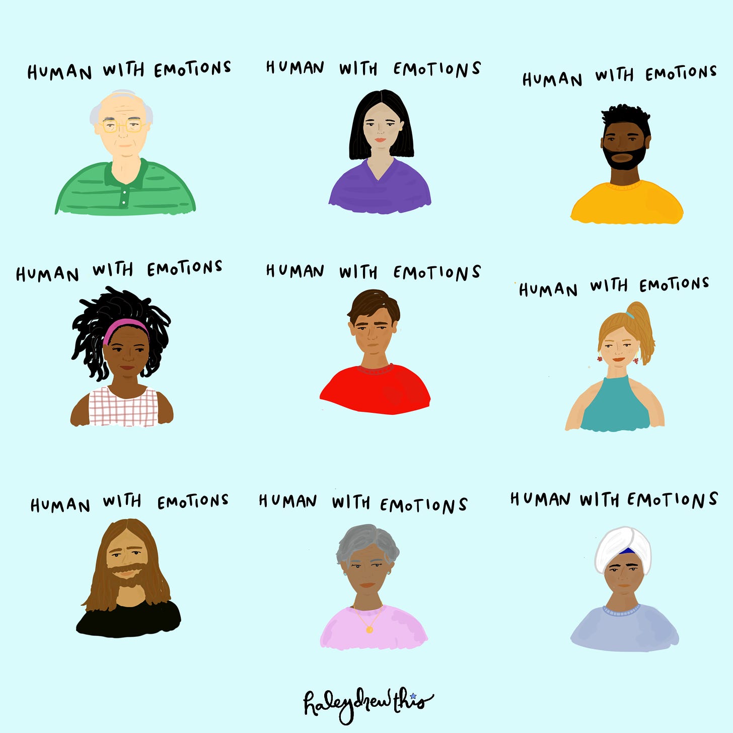 Illustration of nine diverse people. Above each one reads "human with emotions"
