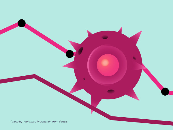 Illustration of Covid virus and recession line graph