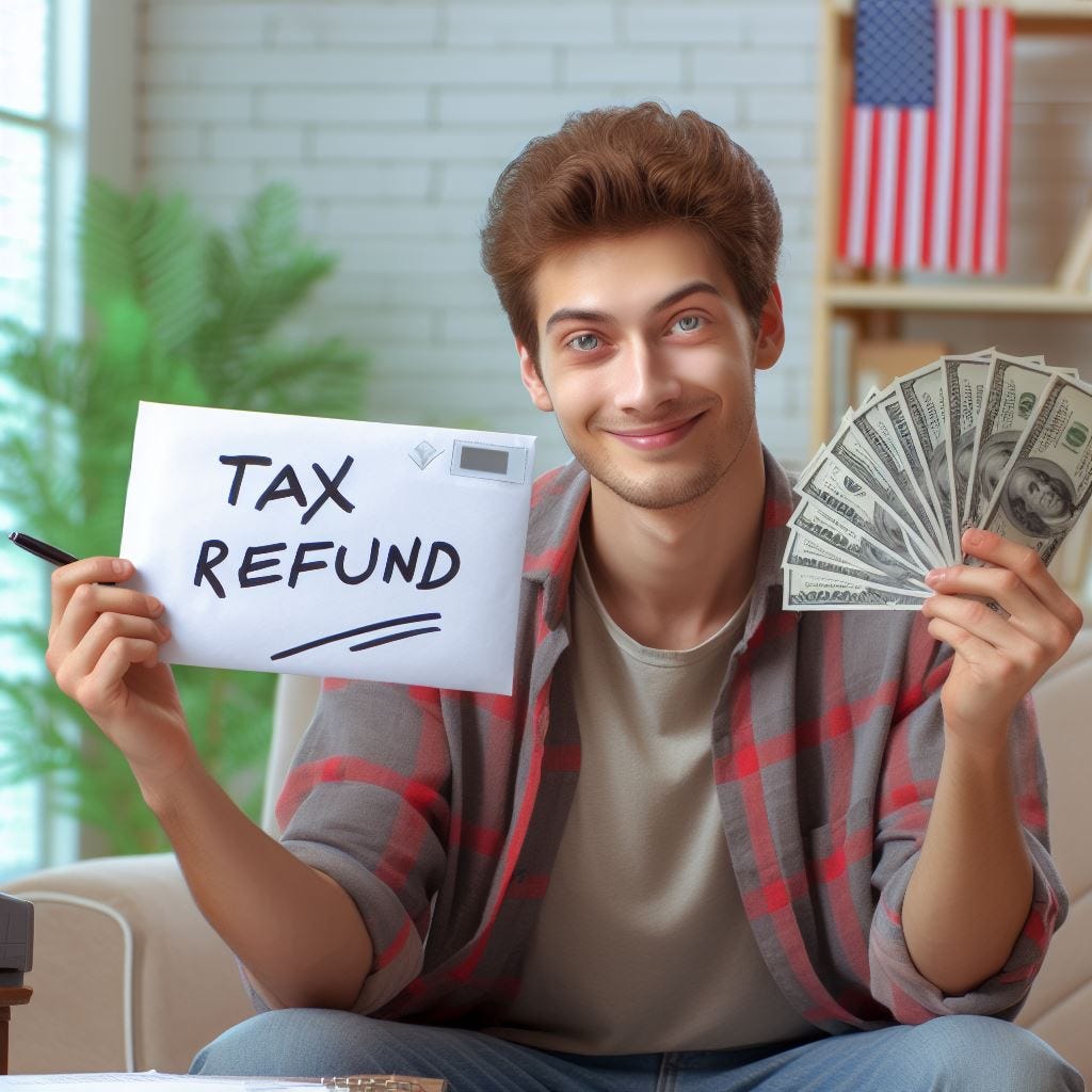 usa resident eagerly looking forward for a tax refund with an envelope that has 'Tax Refund' written on it