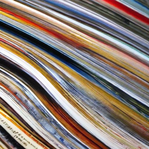Diagonal ribbons of textured color fill a canvass evoking the pages of a stack of journals