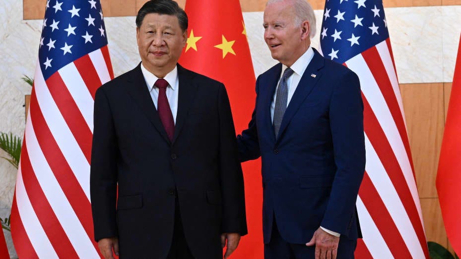 China's President Xi Jinping and U.S. President Joe Biden at the G20 Summit in Nusa Dua on the Indonesian island of Bali on Nov. 14, 2022.