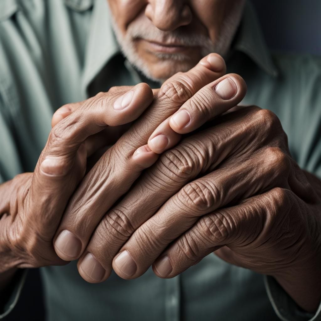 A close-up shot of a man's hands, portrayed in a hyper-realistic photo. Pay attention to the fine lines, wrinkles, and the subtle variations...