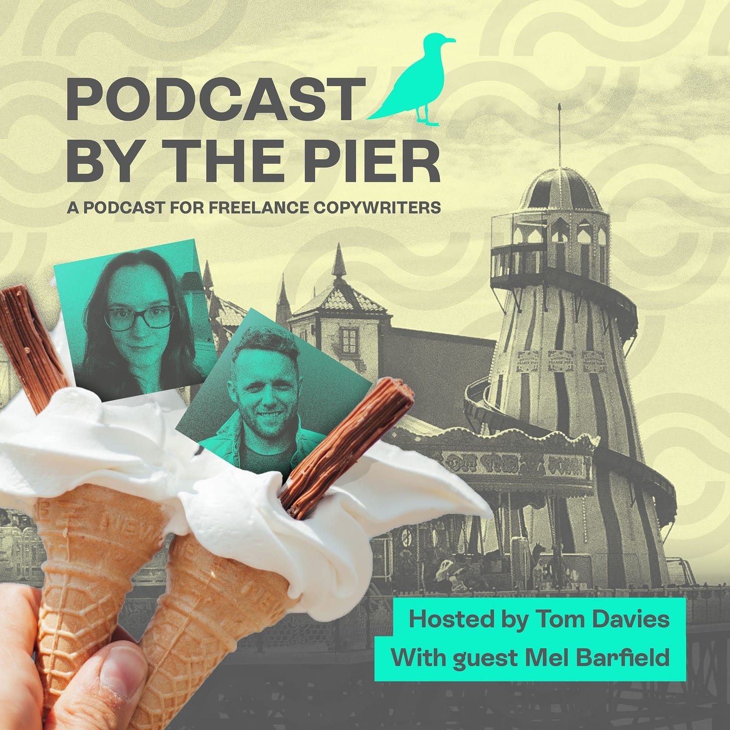 Podcast by the pier graphic showing a helter skelter and two ice creams