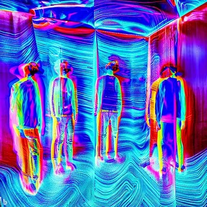 a few individuals standing in a closed room, which is bathed in a electromagnetic waves, corrupted digital photo