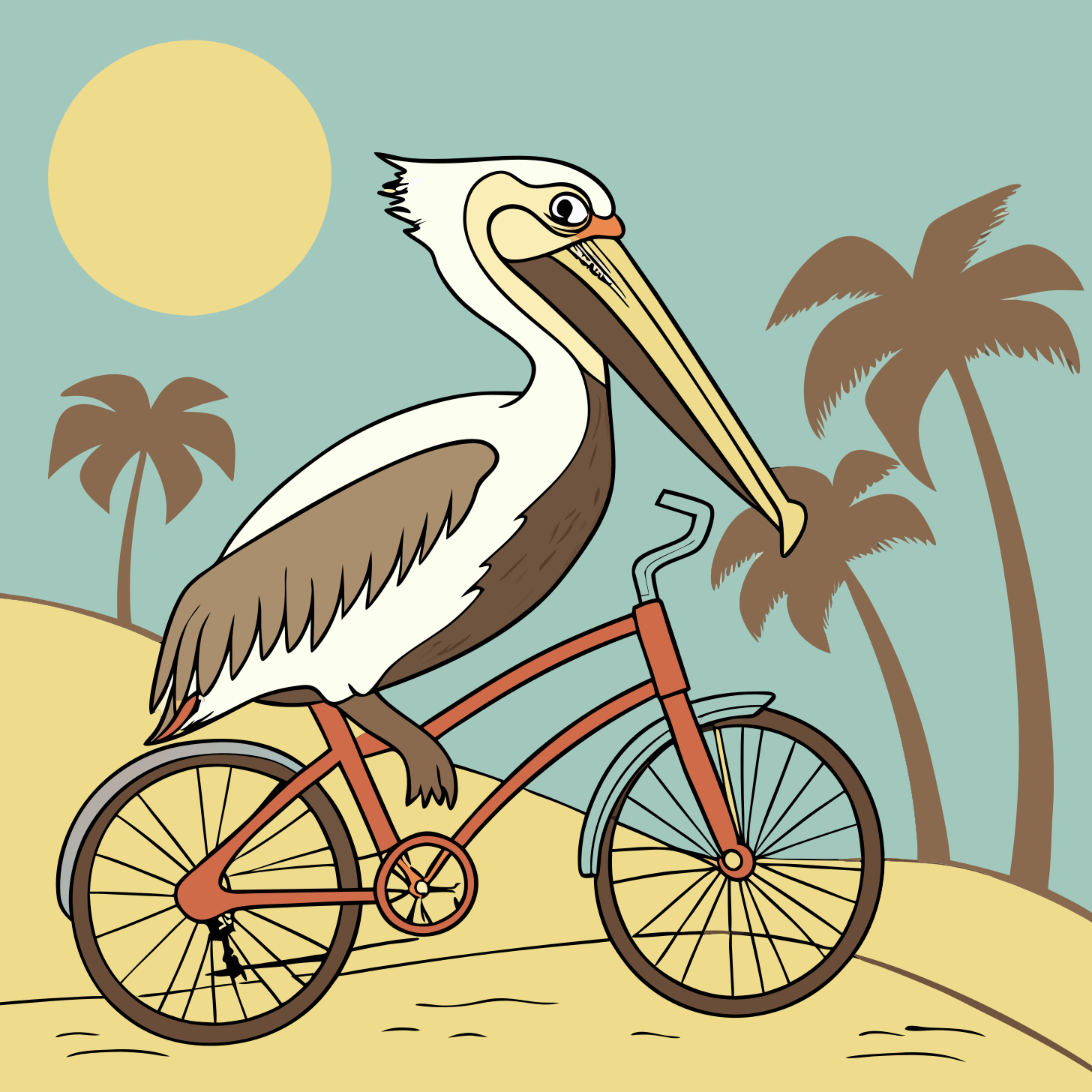 A really rather good SVG of a California Brown Pelican riding a bicycle