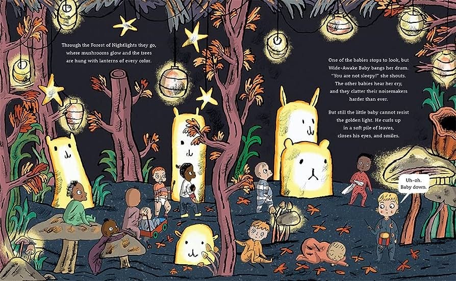 a page from The Midnight Babies by Isabel Greenberg - babies walk through a forest of giant nightlights and one falls asleep.