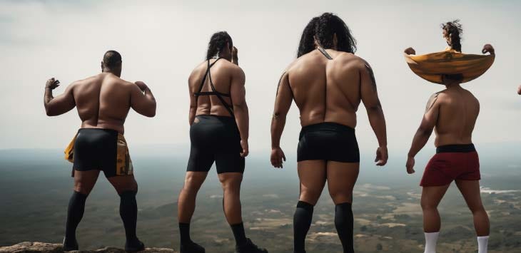 AI-generated photo showing four strangely undressed men looking over a landscape from a high mountaintop.