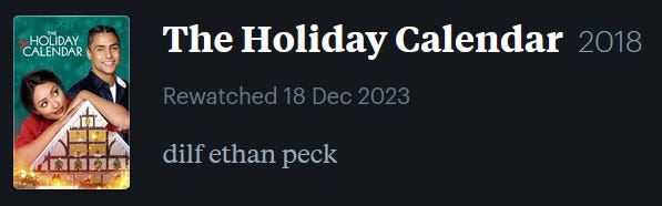 screenshot of LetterBoxd review of The Holiday Calendar, watched December 18, 2023: dilf ethan peck