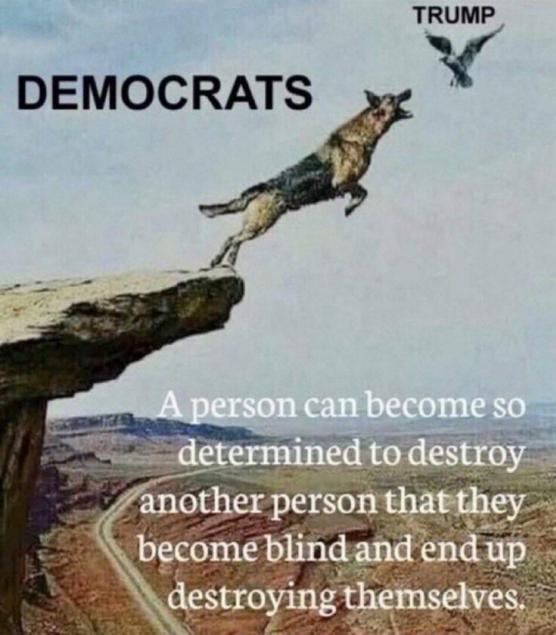 A canine labeled Democrats chases a bird labeled Trump off of a cliff. The caption reads: "A person can become so determined to destroy another person that they end up destroying themselves." 