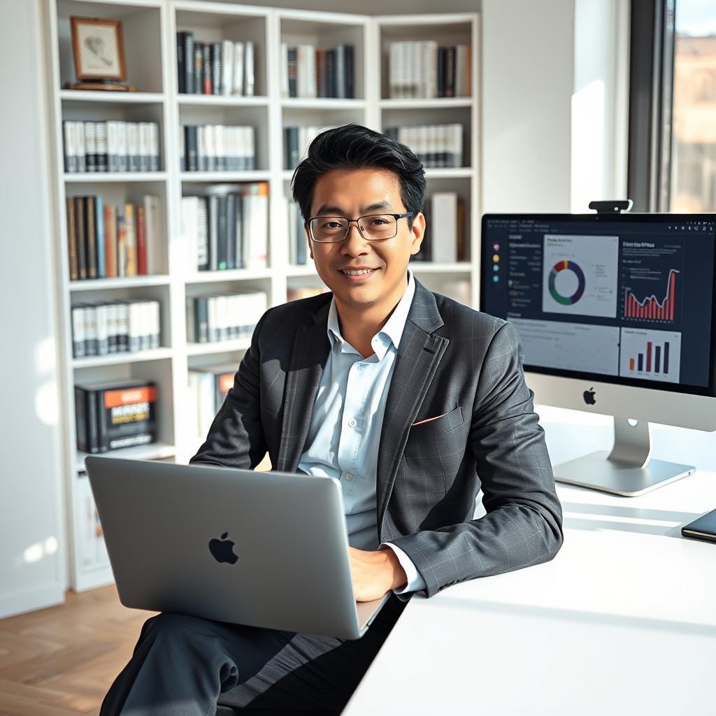 A person with short black hair and glasses, wearing a suit, sits at a white desk with an open gray laptop, smiling at the camera