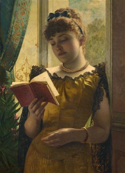 Painting of a woman leaning against a wall to read a book. 