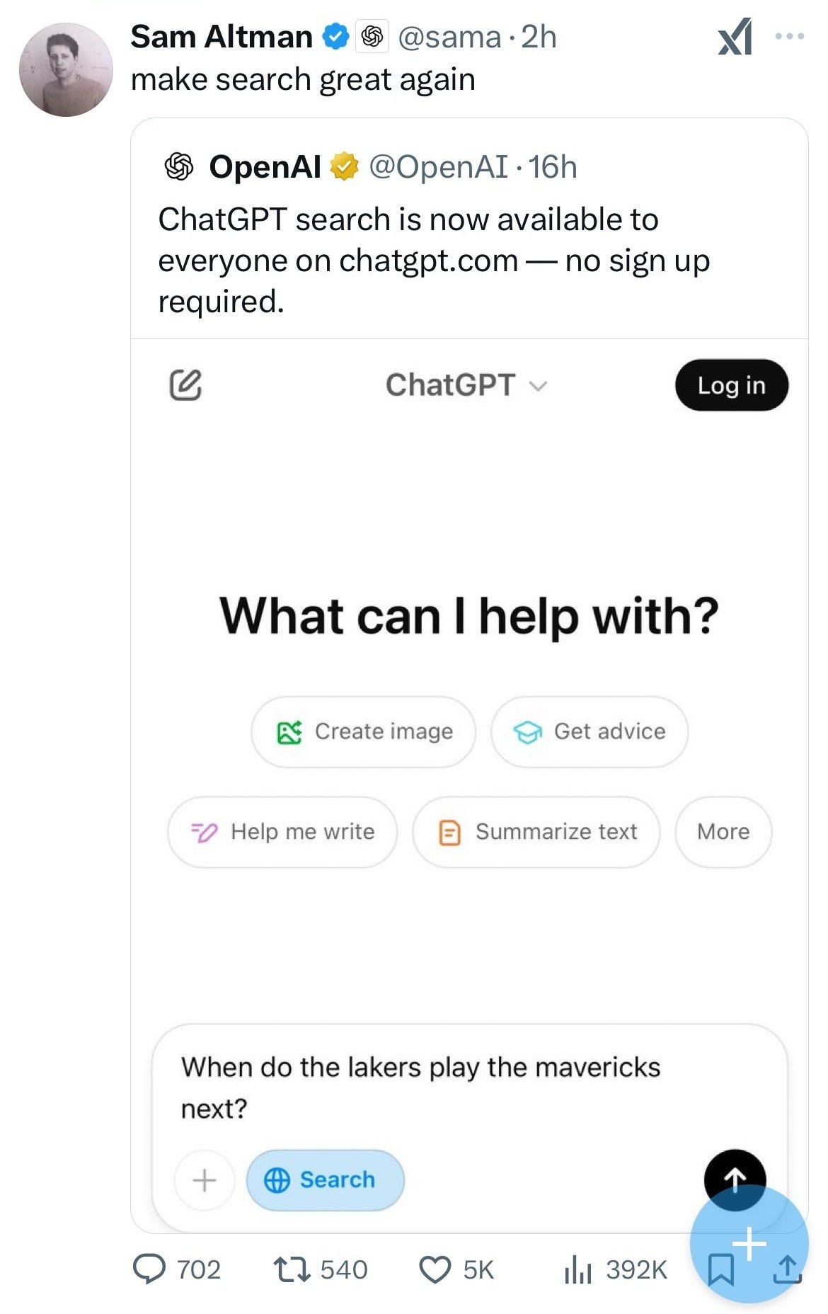 Screenshot of a tweet from Sam Altman (@sama) that says, "make search great again," quoting an OpenAI tweet announcing that ChatGPT search is now available to everyone on chatgpt.com without sign-up. The image shows the ChatGPT interface with a sample query, "When do the lakers play the mavericks next?" and a highlighted "Search" button.