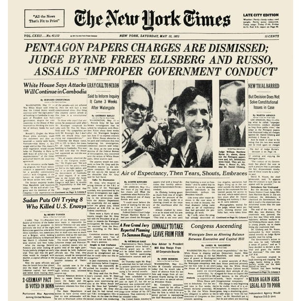 Pentagon Papers 1973 Nfront Page Of The New York Times 12 May 1973 Reporting On The Dismissal ...