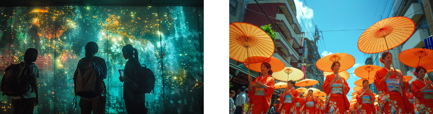 This image combines the wonder of modern technology and traditional culture; on one side, individuals are silhouetted against a mesmerizing aquatic display, and on the other, a vibrant procession of women in traditional orange kimonos holding parasols, celebrating Japan's rich heritage.