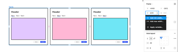 Figma canvas showing three cards and the width constraints in the Design panel on the right hand side
