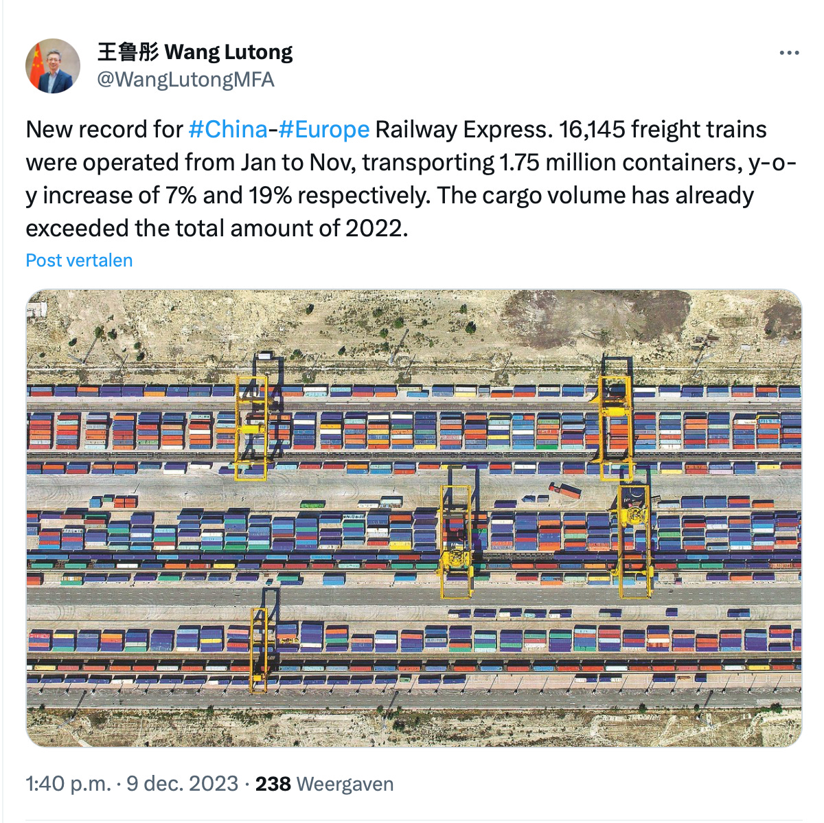 Tweet by Wang Lutong: ‘New record for #China-#Europe Railway Express. 16,145 freight trains were operated from Jan to Nov, transporting 1.75 million containers, y-o-y increase of 7% and 19% respectively. The cargo volume has already exceeded the total amount of 2022.’