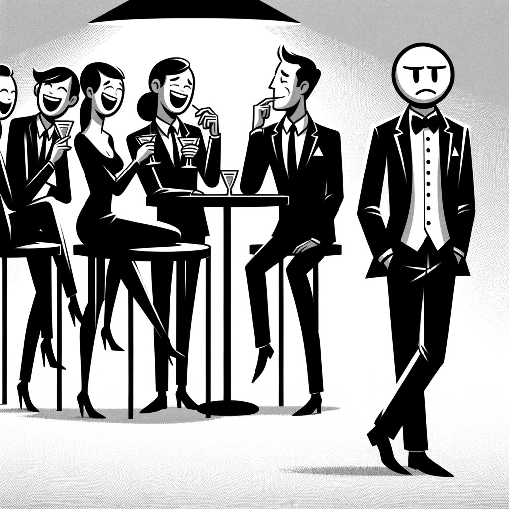 A sophisticated black and white stick figure cartoon illustration. The scene depicts a social gathering with a group of stylish, confident stick figures chatting and laughing together. In the corner, a grumpy, cynical stick figure stands alone, observing the group with a disgruntled expression. The background is minimalistic and monochrome, focusing on the characters and their interactions.