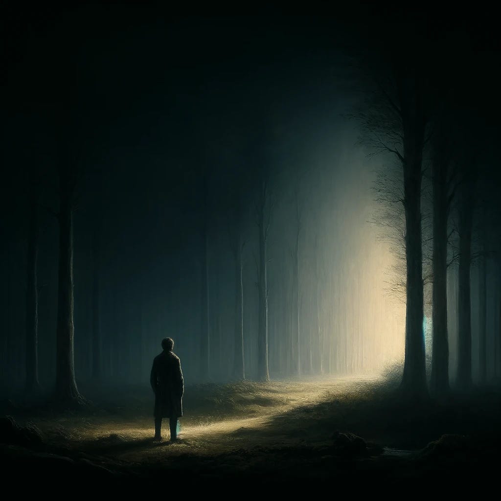 In the style of Rembrandt, an image depicting a solitary figure, a man, standing at the edge of a dimly lit clearing in a dense, dark forest. The man, seen from behind, gazes into the forest's deepening darkness. The clearing is softly illuminated by an ethereal light, creating a gradient of twilight that fades into pitch black. Shadows loom, enhancing the scene's atmosphere of contemplation and subtle revelation. The scene symbolizes isolation, hope, despair, and the journey into the unknown, reflecting an introspective journey.