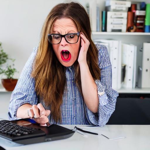A totally realistic depiction of Mel Barfield, a white woman with brown hair gasping in a The Scream fashion at her black laptop. 