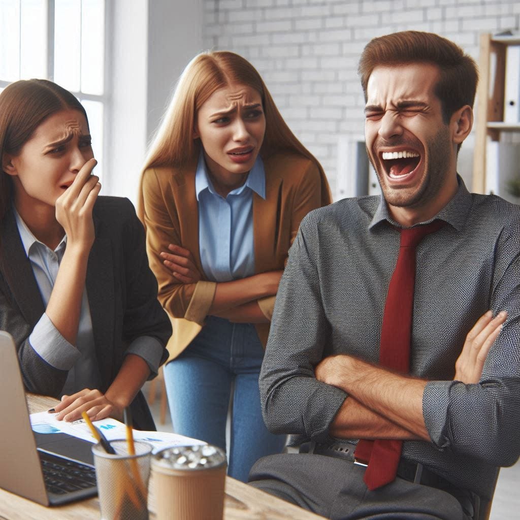An average guy is laughing hysterically while two women are looking at him with disgust. Office environment.