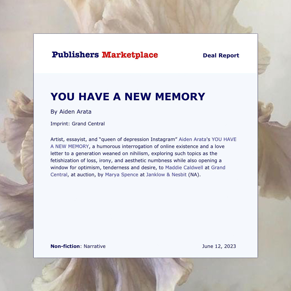 Publisher's Marketplace announcement for my book, YOU HAVE A NEW MEMORY