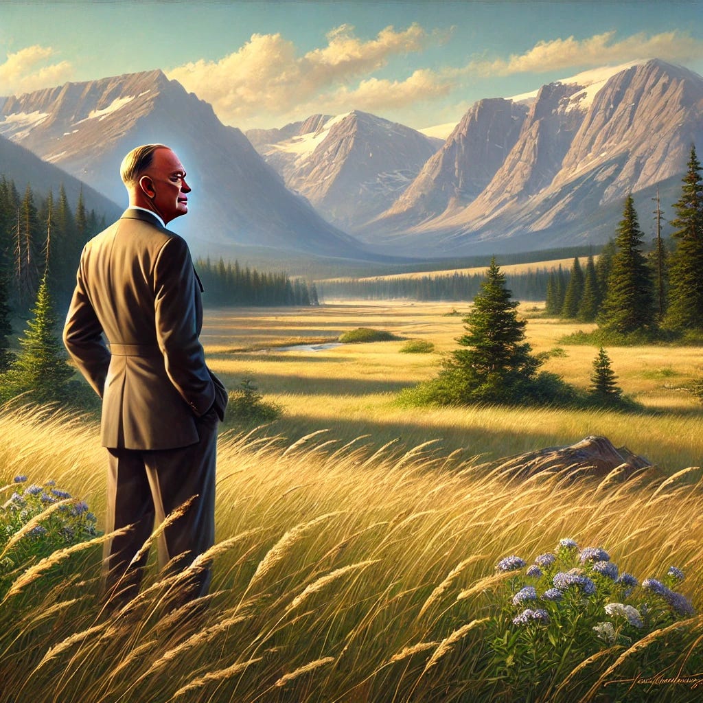 A historical scene depicting President Dwight D. Eisenhower standing and looking out across a peaceful meadow nestled between majestic mountains. The setting is serene with tall grass swaying gently in the breeze, wildflowers scattered across the meadow, and a clear blue sky overhead. Eisenhower is dressed in a classic 1950s-era suit, his hands behind his back as he gazes thoughtfully at the landscape. The mountains in the background are grand and slightly snow-capped, with pine trees dotting their lower slopes. The overall mood is one of calm reflection and natural beauty.