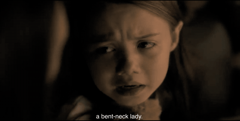 Gif of young Nell from Hill House saying “a bent-neck lady.”