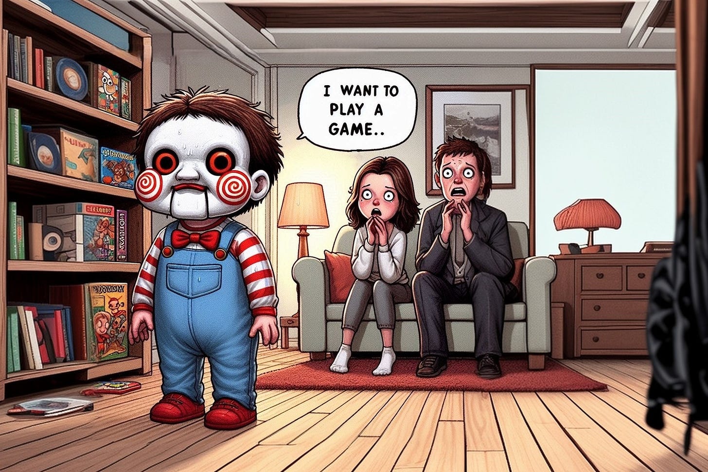 Cartoon illustration: Jigsaw as a toddler, standing in front of a shelf filled with innocent board games. Jigsaw says 'I want to play a game.' His parents are sitting on the couch in the background, looking terrified with wide eyes and sweating, clearly nervous about what’s coming next. The setting is a cozy living room with soft lighting, but the mood is tense.