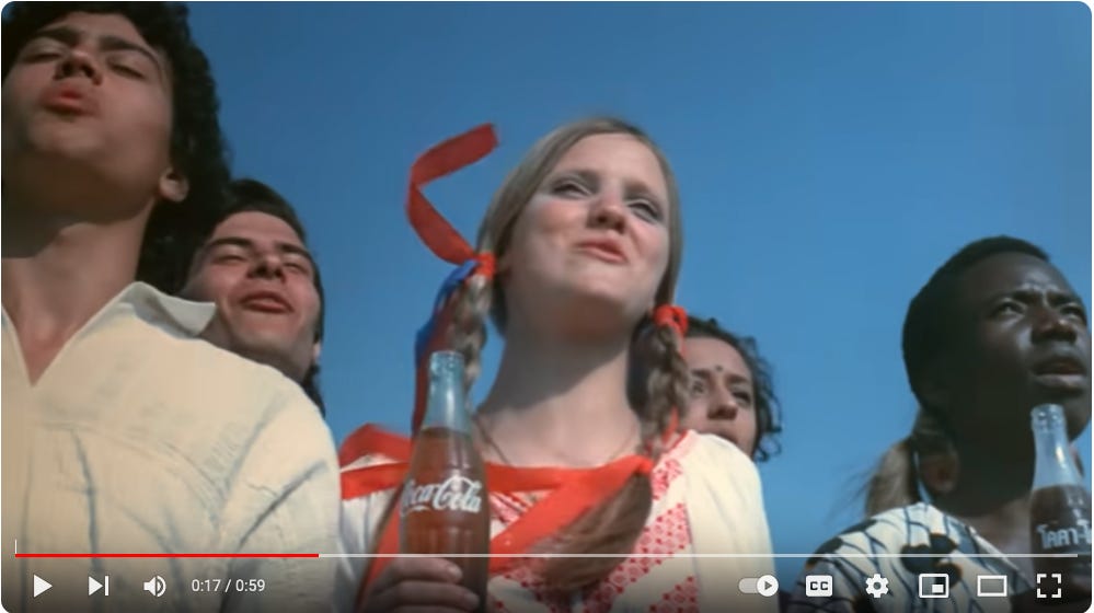 Screen capture of I'd like to buy the world a Coke video.