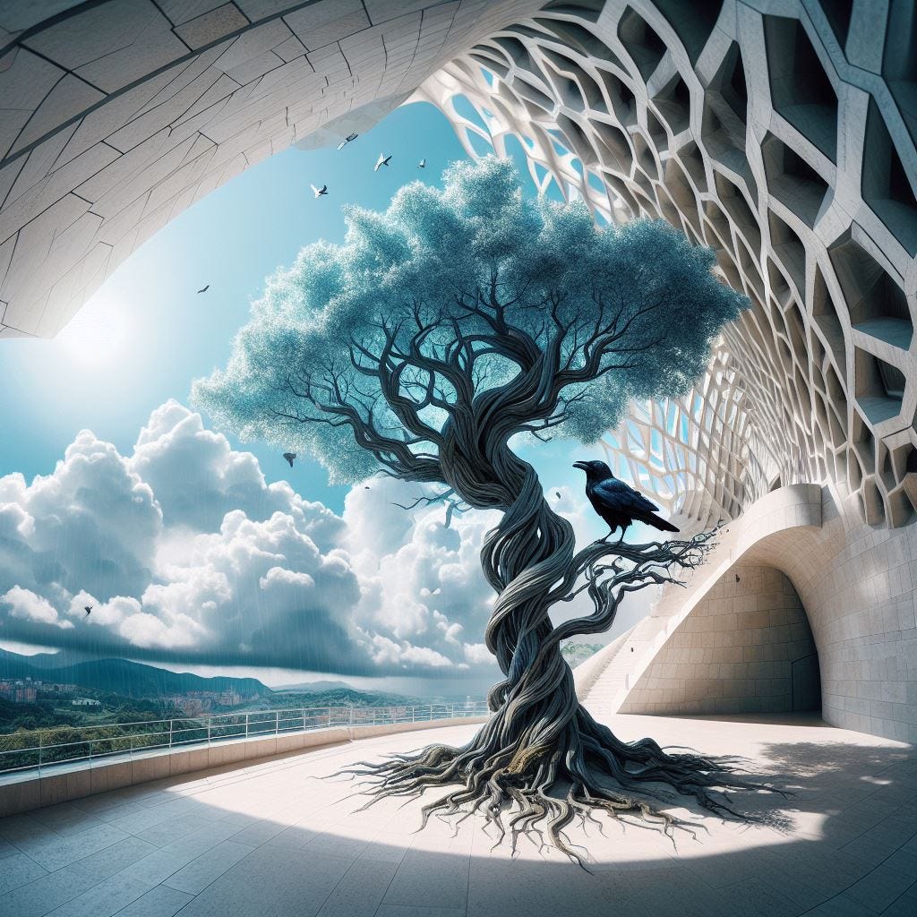 Hyper-realistic; tilt shift; mother earth tree with merging Quatrefoil on wall: mother earth tree with white Gothic Tracery: hyper realistic ;tiltshift; vast distance. black crow leaning into camera. crow sits on branch on tree inside of Guggenheim Museum Bilbao. Sunny sky, fluffy clouds, vast distance its raining prisms of blue crystal 