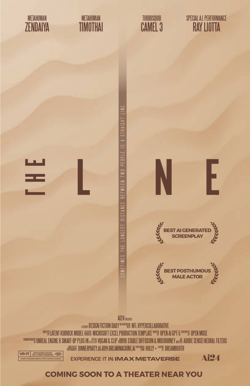 A movie poster for a movie called the Line. Simple text set upon a desert background. All the credits mention AI technology instead of human beings.