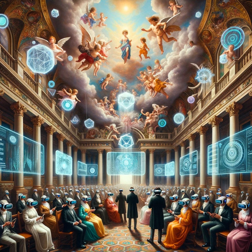 Baroque-style oil painting with cyberpunk hues. Inside a grand hall, individuals of various descents and genders gather, donning virtual reality headsets and accessing holographic terminals. These terminals depict scenes of artificial intelligence algorithms, blockchain ledgers, and metaverse landscapes. The ceiling, reminiscent of Baroque frescoes, showcases cherubs and angels interacting with digital entities, representing the fusion of old-world art and cutting-edge technology.