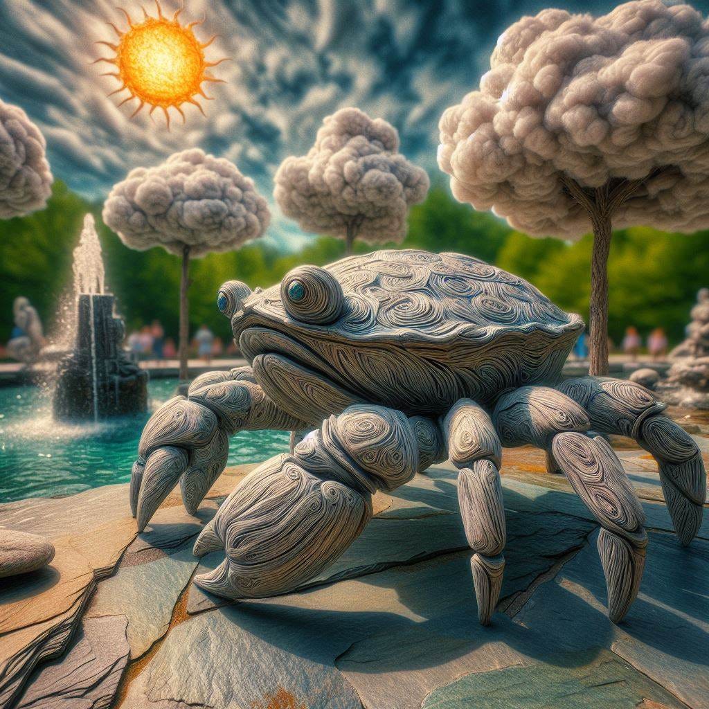 oil painting and glass Tilt Shift, lens baby effect; Sculpture Gardens: Storm King Art Centerk. close up rock crab made of paper. He is next to a water fountain surrounded by slate rock made of paper. fluffy clouds made of wool, sunny sky, sun made of paper. luminescent