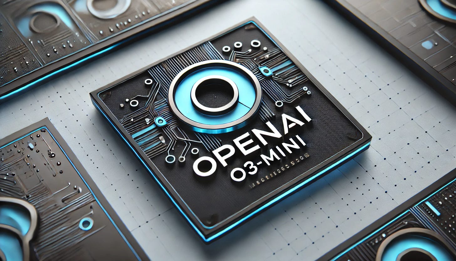 A professional, modern logo design for 'OpenAI o3-mini,' featuring a bold and futuristic font with text displayed upright and not slanted. The logo includes a stylized 'O' as the centerpiece, incorporating a sleek blue gradient and subtle technological or AI-inspired details such as circuit patterns or glowing elements. The design emphasizes innovation and minimalism, displayed in a close-up view against a clean, geometric background, with a widescreen aspect ratio.